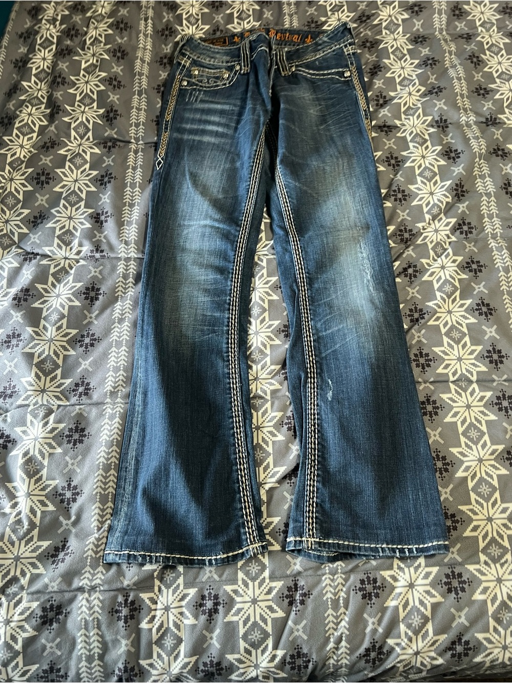 Rock Revival Women’s Dark Blue Bootcut Jeans with Contrast Stitching